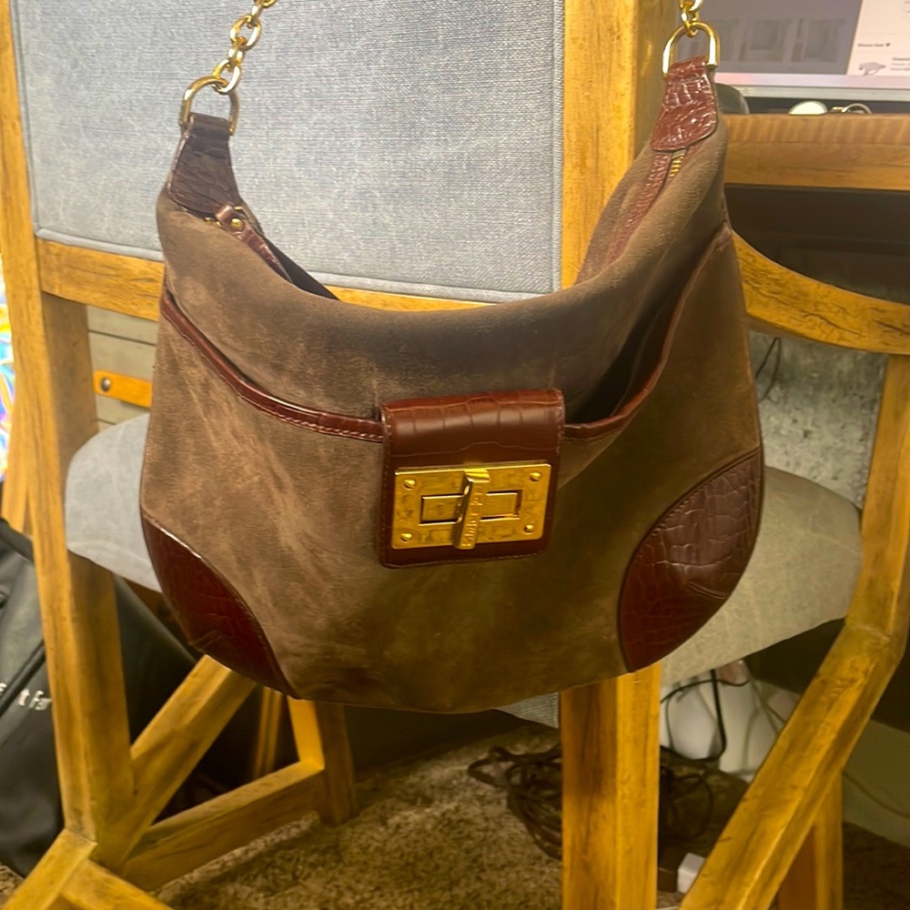 Lauren Ralph Lauren shoulder bag. Dark Brown Suede with alligator brown trim
